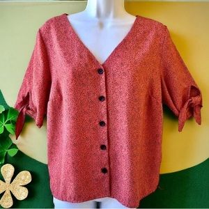 Apt 9 Blouse V-Neck Shirt Button Up Short TIED Sleeves Orange with Black Dots